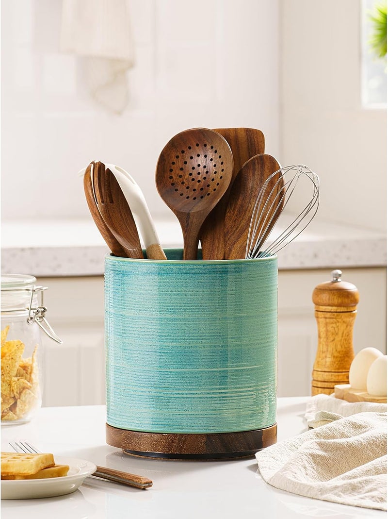 MIKIGEY Utensil Holder, 360° Rotating Extra Large Ceramic Kitchen Utensil Holder for Countertop, Cooking Utensil Crocks for Counter with Rotatable Wooden Base, Farmhouse Kitchen Decor, Green - Image 2